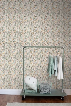 ESTAhome papier peint fleurs bleu grisâtre, rose terracotta et vert - 53 cm x 10.05 m - 139837