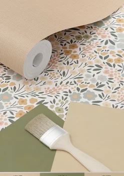 ESTAhome papier peint fleurs bleu grisâtre, rose terracotta et vert - 53 cm x 10.05 m - 139837