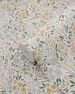 ESTAhome papier peint fleurs bleu grisâtre, rose terracotta et vert - 53 cm x 10.05 m - 139837