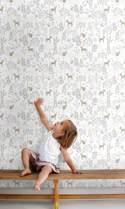 ESTAhome papier peint forêt avec des animaux de la forêt lilas violet et beige - 53 cm x 10.05 m - 139520