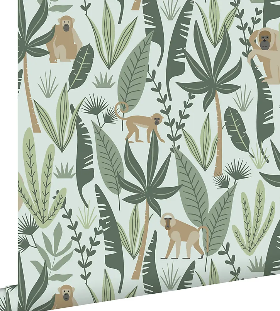 ESTAhome papier peint singes de la jungle vert menthe et vert foncé - 53 cm x 10.05 m - 139073