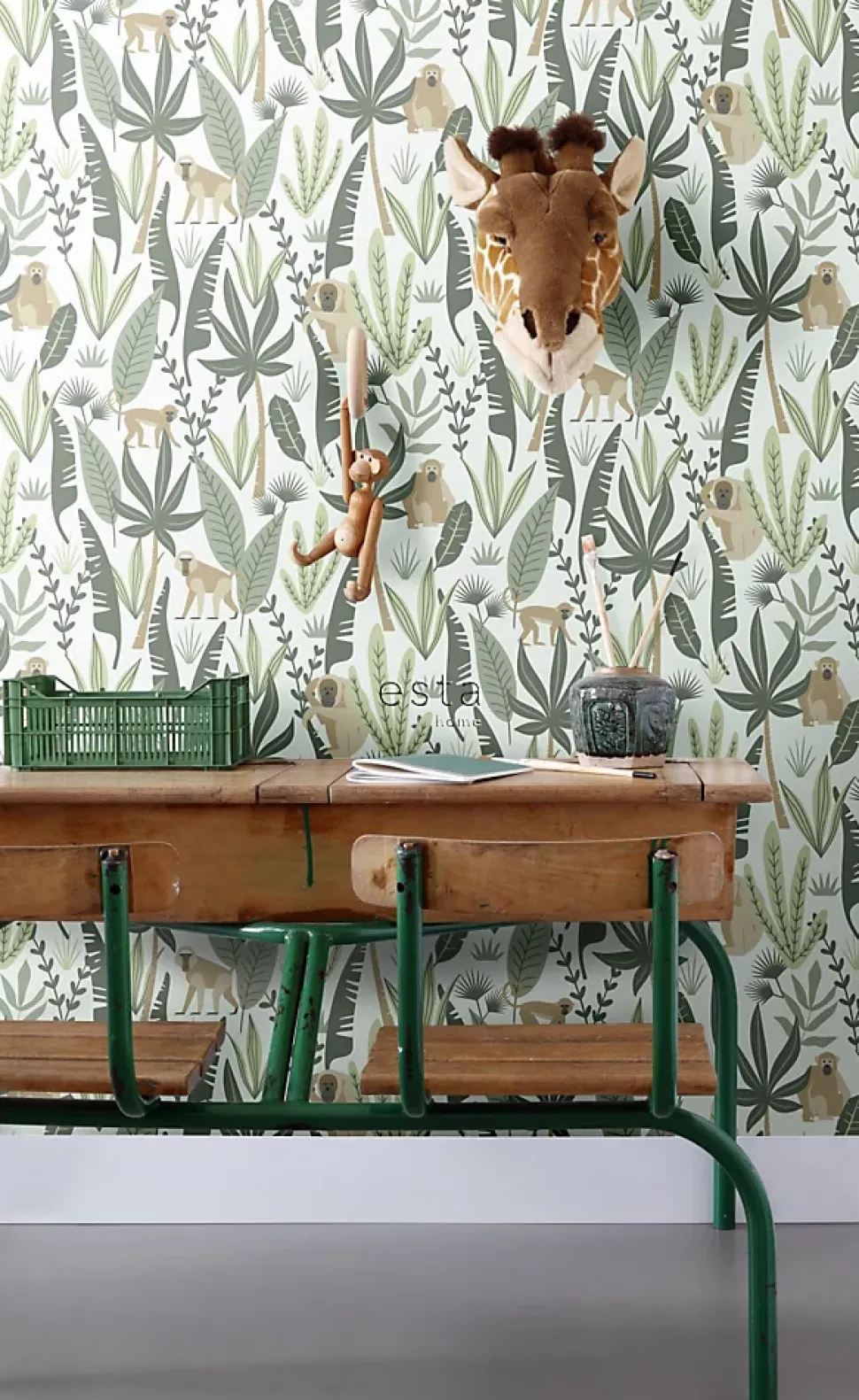 ESTAhome papier peint singes de la jungle vert menthe et vert foncé - 53 cm x 10.05 m - 139073