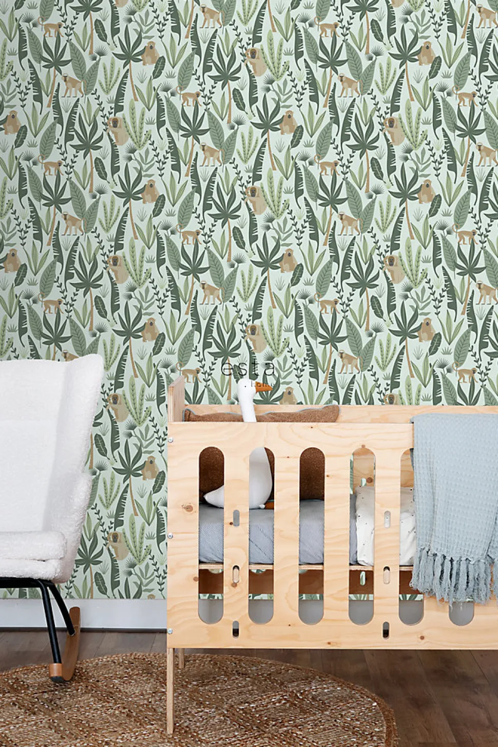 ESTAhome papier peint singes de la jungle vert menthe et vert foncé - 53 cm x 10.05 m - 139073