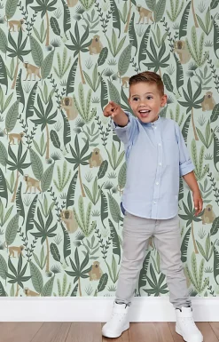 ESTAhome papier peint singes de la jungle vert menthe et vert foncé - 53 cm x 10.05 m - 139073