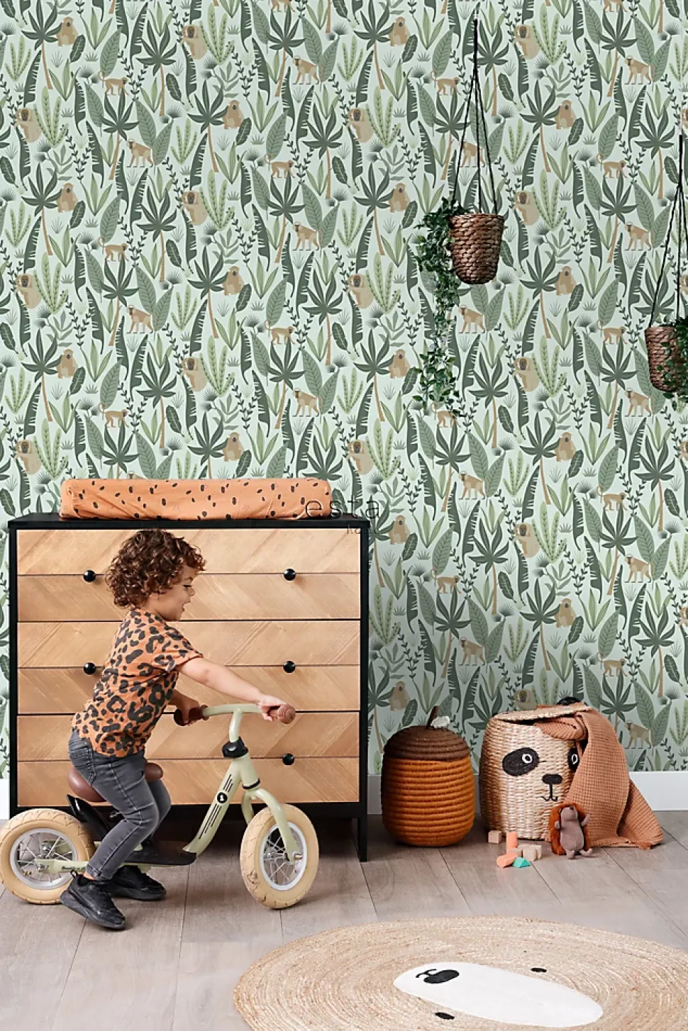 ESTAhome papier peint singes de la jungle vert menthe et vert foncé - 53 cm x 10.05 m - 139073