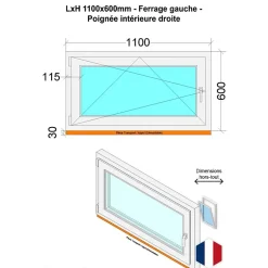 Fenêtre PVC - LxH 1100x600 mm -Triple Vitrage - Blanc -poignée à droite