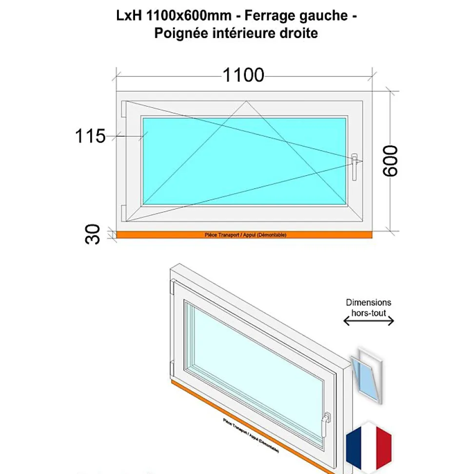 Fenêtre PVC - LxH 1100x600 mm -Triple Vitrage - Blanc -poignée à droite