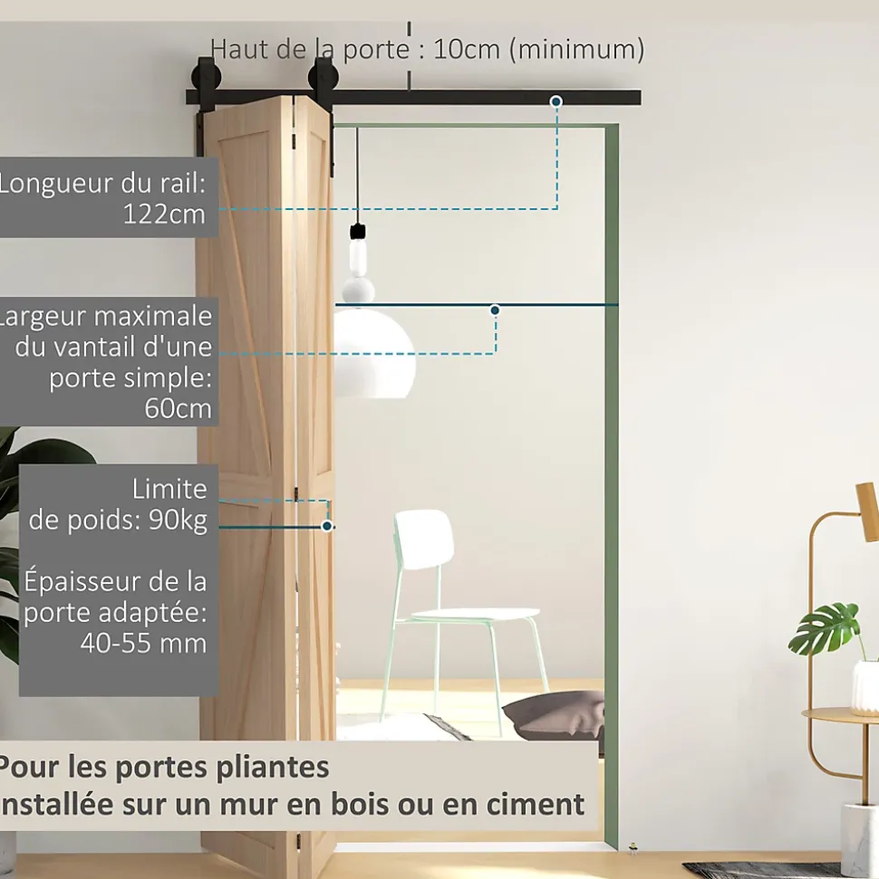 Kit de porte coulissante compatibilité porte épaisseur 40-55 mm longueur rail 1,22 m charge max. 90 Kg acier au carbone noir