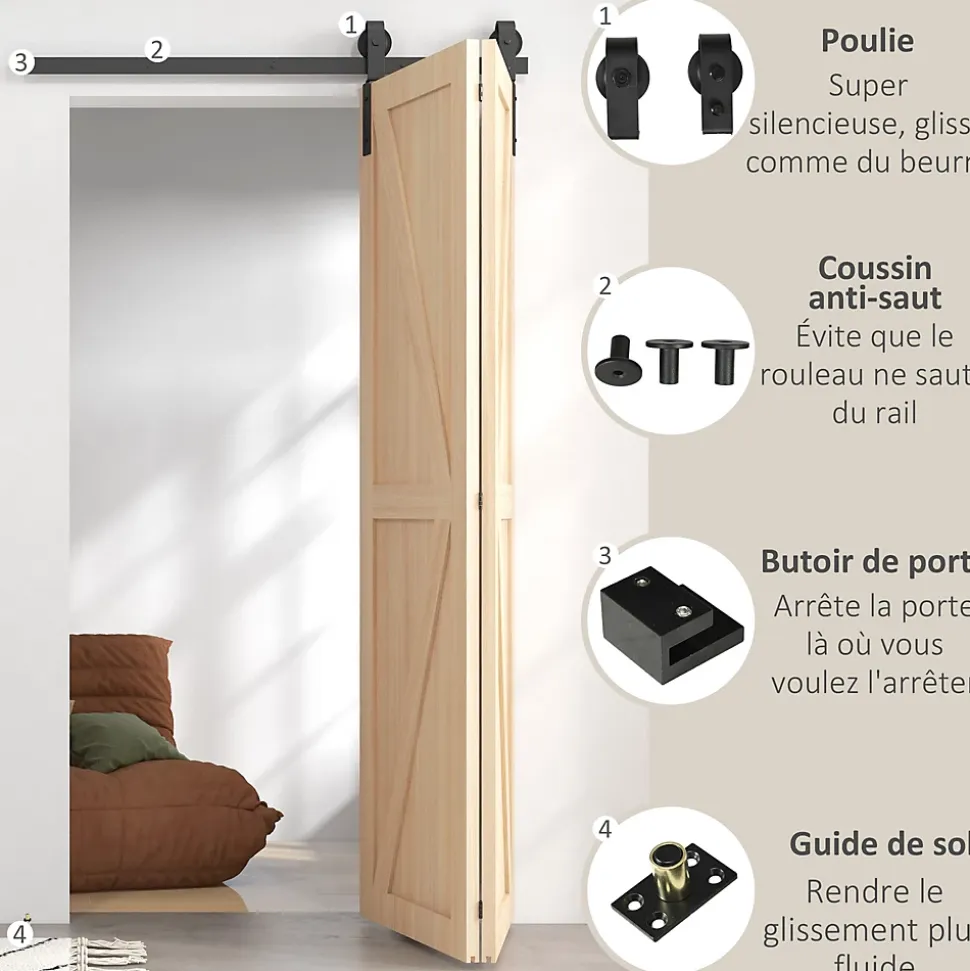 Kit de porte coulissante compatibilité porte épaisseur 40-55 mm longueur rail 1,22 m charge max. 90 Kg acier au carbone noir