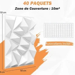 Lot de 40 Panneau Mural Decoratif 3D en PVC 50 x 50 CM, Imperméable,Ininflammable, pour Salon, Chambre, Bureau