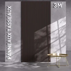 Lot de 2 Panneaux Tasseaux Bois - Noyer Feutre Noir - 3 m², 2500 x 600 mm, Mon Marché Déco