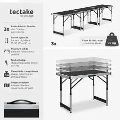 Lot de 3 tables à tapisser pliable Hauteur réglable en 4 niveaux noir