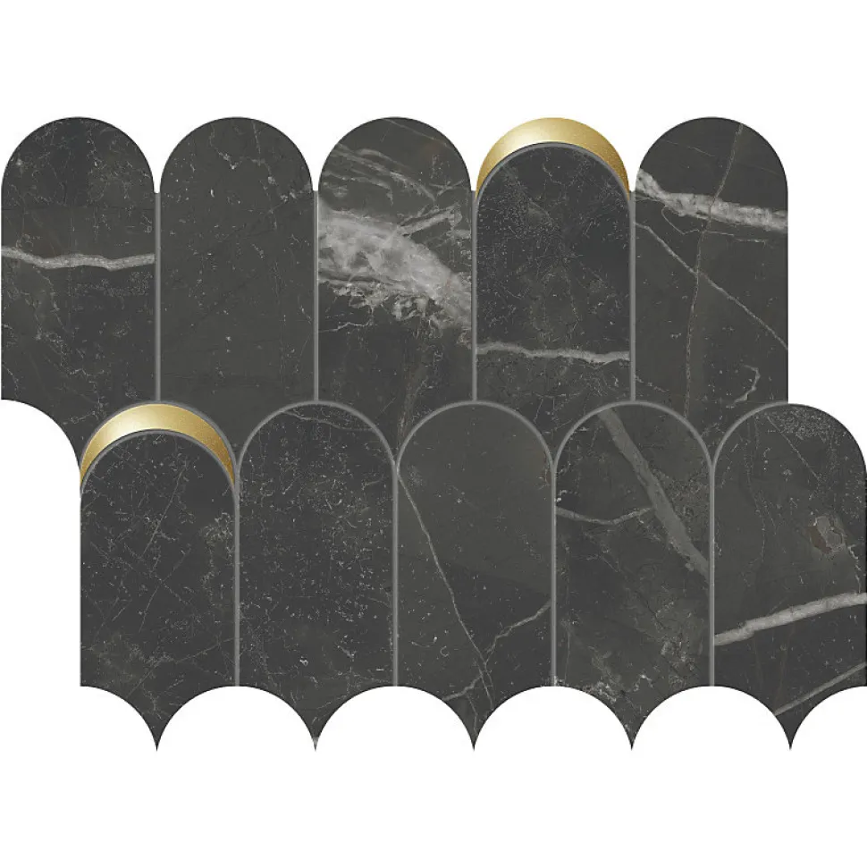 Mosaïque décor orné d'inserts en or aspect marbre noir 41,02X30,3 cm - SCULTOREA Dark diamond tessere arco oro reflex J591 -