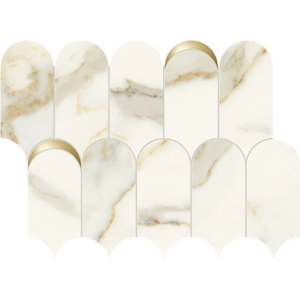 Mosaïque mur effet marbre décor orné d'inserts en or beige 41,02X30,3 cm - SCULTOREA Calacatta oro fino tessere arco oro reflex