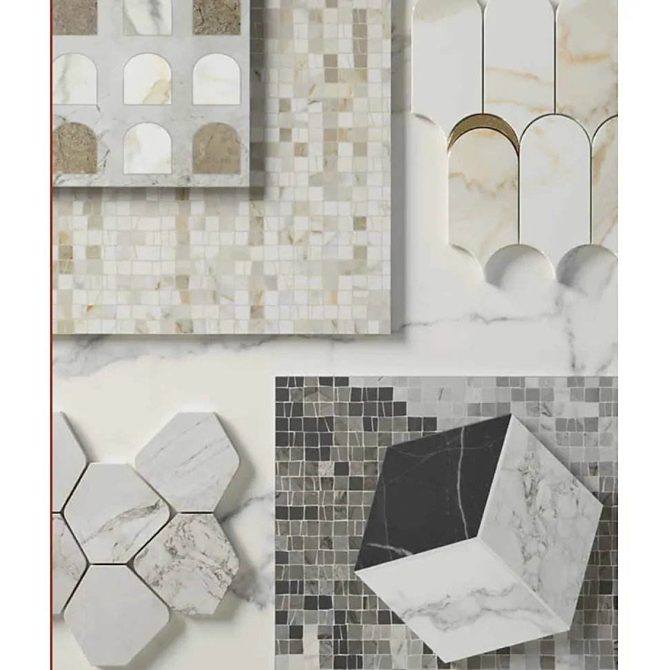 Mosaïque mur effet marbre décor orné d'inserts en or beige 41,02X30,3 cm - SCULTOREA Calacatta oro fino tessere arco oro reflex