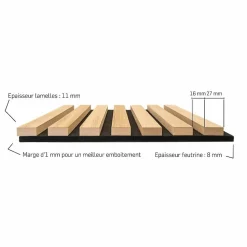 Panneau mural acoustique tasseaux bois 250 x 30 x 1,9 cm - Lamelles chêne clair véritable sur fond noir - 0,75m²