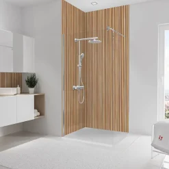 Panneau mural de salle de bains l.100 x H.255 cm, effet tasseaux bois chêne vertical, Schulte Décodesign Japandi vendu par 2