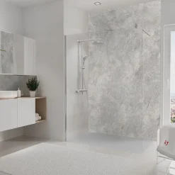 Panneau mural de salle de bains l.150 x H.255 cm, effet pierre gris et argenté , Schulte DécoDesign Softtouch