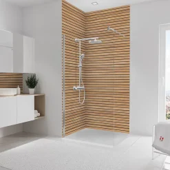 Panneau mural de salle de bains l.100 x H.255 cm, effet tasseaux bois chêne horizontal, Schulte Décodesign Japandi vendu par 2