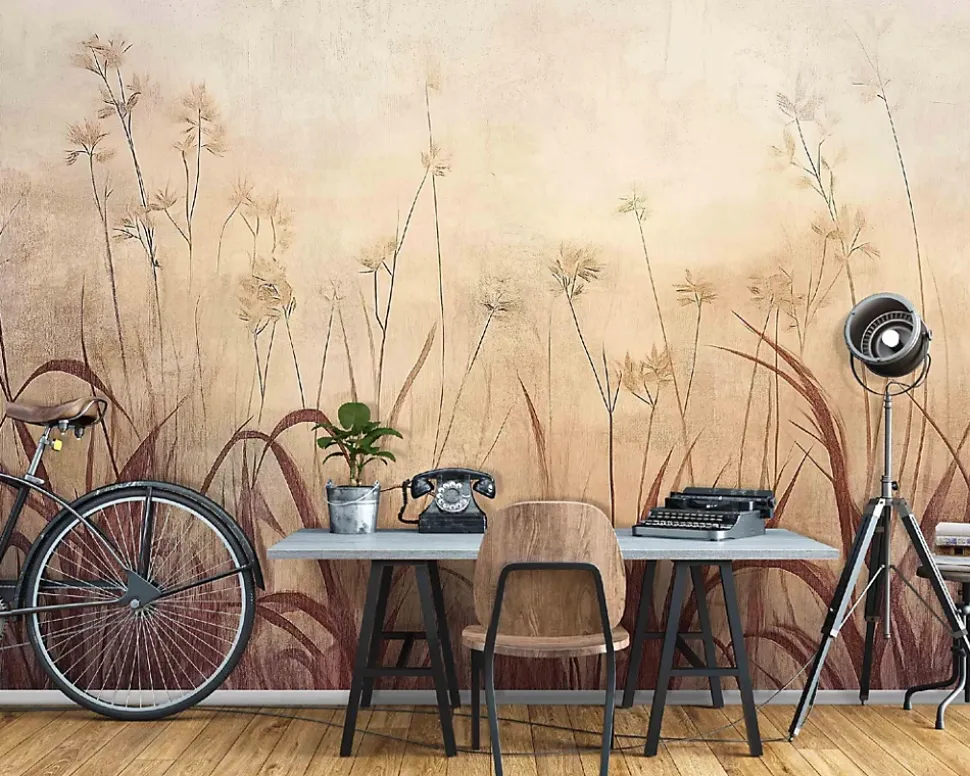 Papier Peint Boho Beige Herbe Intissé Panoramique Pour Chambre Cuisine 400x280