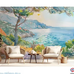 Papier peint Callanque de Cassis, Aquarelle 2 - Intissé - 400 cm - 280 cm - MaCrédenceDéco