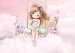 Papier Peint Enfant Ballerine Nuages Rose Intissé Panoramique 350x250 cm - Colle Inclus - Chambre Enfant - Moderne Papier Peint
