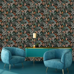 Papier peint vinyle intissé Sejours & Chambres Lutece mat et satiné feuilles vert, bleu vert, orange, cuivre l.1005 x l.53 cm
