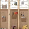 Paravent Interieur 3 Panneaux en Faux Lin avec 8 Poches, Cloison de Séparation Pliable, Bureau, 120x170CM,Naturel Clips