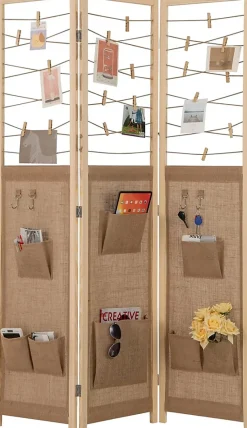 Paravent Interieur 3 Panneaux en Faux Lin avec 8 Poches, Cloison de Séparation Pliable, Bureau, 120x170CM,Naturel Clips