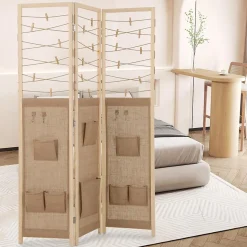 Paravent Interieur 3 Panneaux en Faux Lin avec 8 Poches, Cloison de Séparation Pliable, Bureau, 120x170CM,Naturel Clips