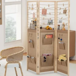 Paravent Interieur 3 Panneaux en Faux Lin avec 8 Poches, Cloison de Séparation Pliable, Bureau, 120x170CM,Naturel Clips