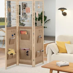 Paravent Interieur 3 Panneaux en Faux Lin avec 8 Poches, Cloison de Séparation Pliable, Bureau, 120x170CM,Naturel Clips