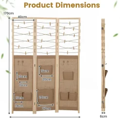 Paravent Interieur 3 Panneaux en Faux Lin avec 8 Poches, Cloison de Séparation Pliable, Bureau, 120x170CM,Naturel Clips