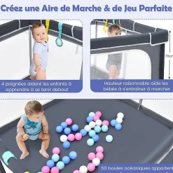 Parc Bébé 10 Mois à 6 Ans Parc Bebe en maille avec Balles et 4 Anneaux Centre activités de Parc Enfant Gris Foncé