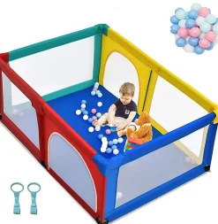 Parc Bébé 10 Mois à 6 Ans Parc Bebe en maille avec Balles et 4 Anneaux Centre activités de Parc Enfant Multicolore