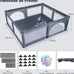 Parc Bébé 10 Mois à 6 Ans Parc Bebe en maille avec Balles et 4 Anneaux Centre activités de Parc Enfant Gris Fonce