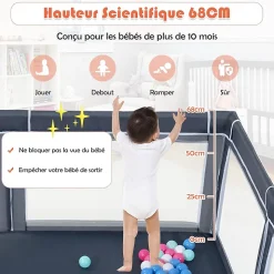 Parc Bébé 10 Mois à 6 Ans Parc Bebe en maille avec Balles et 4 Anneaux Centre activités de Parc Enfant Gris Fonce