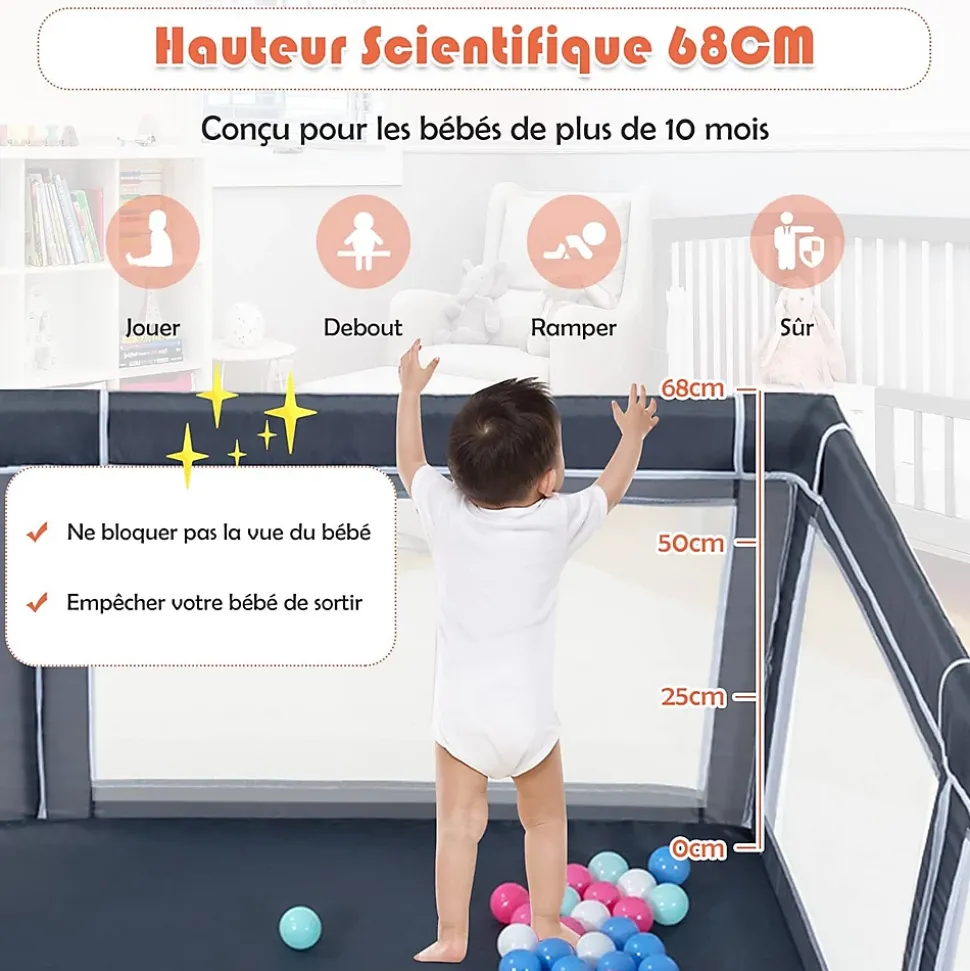 Parc Bébé 10 Mois à 6 Ans Parc Bebe en maille avec Balles et 4 Anneaux Centre activités de Parc Enfant Gris Fonce