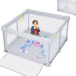 Parc Bébé 10 Mois à 6 Ans Parc Bebe en maille avec Balles et 4 Anneaux Centre activités de Parc Enfant Gris