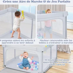 Parc Bébé 10 Mois à 6 Ans Parc Bebe en maille avec Balles et 4 Anneaux Centre activités de Parc Enfant Gris