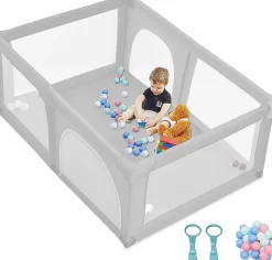 Parc Bébé 10 Mois à 6 Ans Parc Bebe en maille avec Balles et 4 Anneaux Centre activités de Parc Enfant Gris