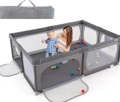 Parc Bébé avec 50 Boules Océaniques et Grande Porte à Fermeture Éclair, Sac Portable, Aire de Jeu 206 x 147 x 68,5CM, Gris