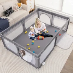 Parc Bébé avec 50 Boules Océaniques et Grande Porte à Fermeture Éclair, Sac Portable, Aire de Jeu 206 x 147 x 68,5CM, Gris