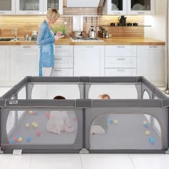 Parc Bébé avec 50 Boules Océaniques et Grande Porte à Fermeture Éclair, Sac Portable, Aire de Jeu 206 x 147 x 68,5CM, Gris