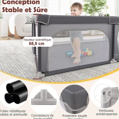 Parc Bébé avec 50 Boules Océaniques et Grande Porte à Fermeture Éclair, Sac Portable, Aire de Jeu 206 x 147 x 68,5CM, Gris