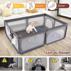Parc Bébé avec 50 Boules Océaniques et Grande Porte à Fermeture Éclair, Sac Portable, Aire de Jeu 206 x 147 x 68,5CM, Gris