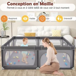 Parc Bébé avec 50 Boules Océaniques et Grande Porte à Fermeture Éclair, Sac Portable, Aire de Jeu 206 x 147 x 68,5CM, Gris