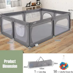 Parc Bébé avec 50 Boules Océaniques et Grande Porte à Fermeture Éclair, Sac Portable, Aire de Jeu 206 x 147 x 68,5CM, Gris