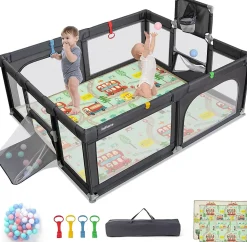 Parc Bebe avec 50 Balles Océaniques, Parc Enfant avec Panier de Basket, Porte Zippée, Gris Foncé, 88 x 157 x 100 cm