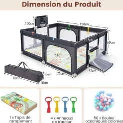 Parc Bebe avec 50 Balles Océaniques, Parc Enfant avec Panier de Basket, Porte Zippée, Gris Foncé, 88 x 157 x 100 cm